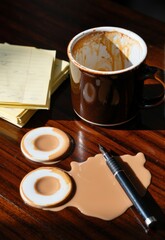 A messy wooden desk shows a large spilled brown drink, an ink pen and yellow notes. Use: editorial workspace feature, lifestyle blog post, coffee.