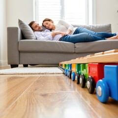 A young couple relaxes on a gray sofa in a modern home with colorful wooden train toys nearby. Use: family advertisement, lifestyle blog.