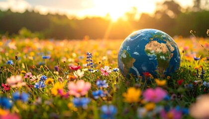 Earth Day - A Vibrant Globe Nestled in a Blooming Meadow.