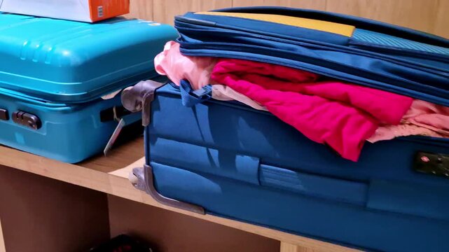 Two blue hard-shell suitcases sit on a wooden shelf, with one partially open revealing folded colorful clothes, suggesting packing or travel preparation in an indoor space.