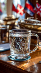 Refreshing glass of sparkling water with an elegant design, resting on a coaster, bathed in sunlight on a wooden table, classic and refined.