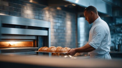 African American chef in white uniform carefully removing freshly baked bread from oven, showcasing culinary skill and artistry in a modern kitchen environment with warm lighting