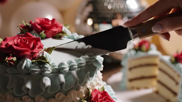 Female hand cutting a beautiful blue birthday cake decorated with red roses. Slicing a delicious multi layered dessert with a knife during a festive celebration at a party