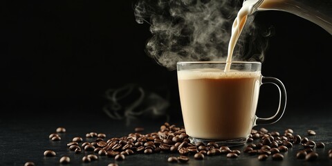 Cream being poured into a steaming cup of coffee surrounded by beans