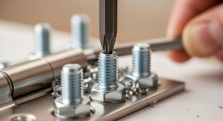 Close focus on threaded screws and bolts being tightened on slowclose hinges ensuring durability.