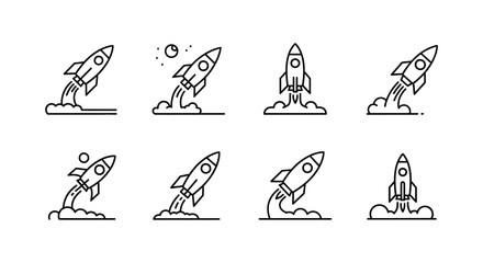 A collection of rocket ship launches depicted in linear designs showcasing flight progression silhouette © Pvect02