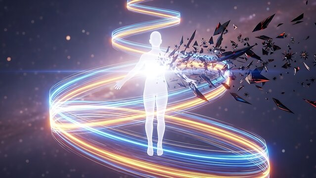 Human silhouette dissolving into futuristic digital vortex with neon lights