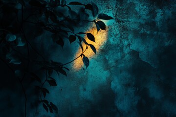 Obraz premium Dark Leaf Silhouette Against Textured Teal Wall With Yellow Light