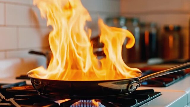 Pan fire flares up dramatically over kitchen stove flame