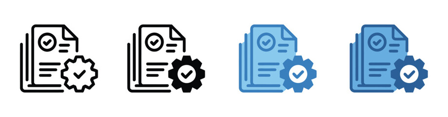 Obraz premium Document Process Management Icons, vector set with gear and checkmark symbols representing approved settings, workflow, task automation, and isolated white background for digital design.