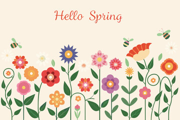 A colorful spring illustration featuring flowers bees and a welcoming message