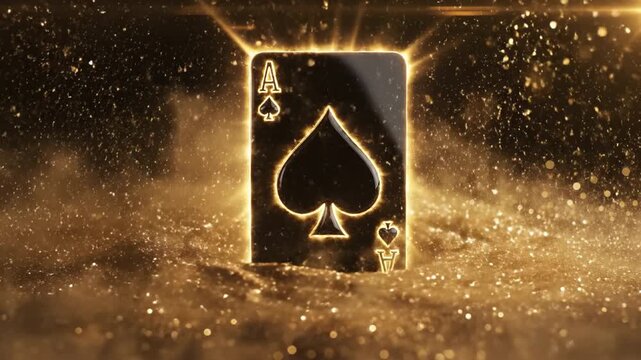 Black ace spade card glowing with golden light sparkling dust and bokeh background. gold bar half buried glittering sand with warm bokeh highlights. golden ace spade card exploding through shimmering