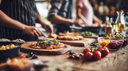 Group of participants learning healthy recipe preparation with fresh ingredients and colorful dishes during an interactive meal prep training session.