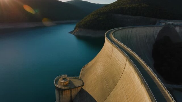 Aerial panorama of a large hydroelectric power dam during a scenic sunrise. Massive concrete arch structure holding back a deep blue reservoir for renewable energy generation
