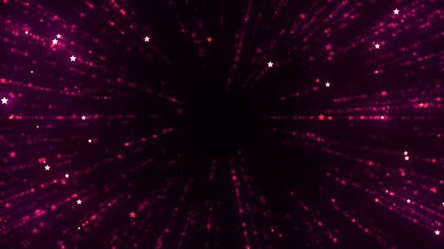 Shimmering purple star particles bursting outward from center on dark background, glowing festive light rays for New Year celebration, award ceremony, event design. 4K loop animation.