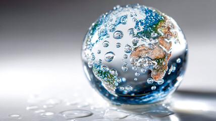 A translucent globe surrounded by water droplets, capturing the essence of Earth's oceans and natural landscapes. Refreshing concept.