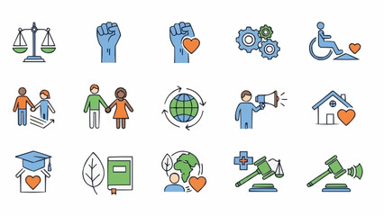 Set of icons representing social justice and human rights concepts.