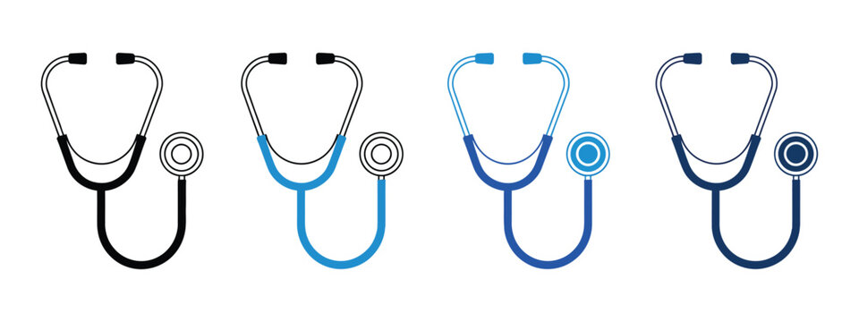 Stethoscope Icons, isolated vector designs including line, solid black, and blue variations for medical checkups, healthcare monitoring, diagnostics, clinical tools, and digital health interface illus