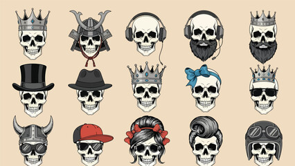Fototapeta premium Collection of Skull Portraits with Varied Hats and Crowns.