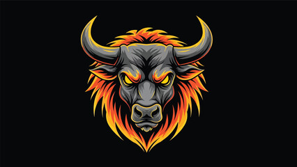 Fierce stylized bull head illustration on black background.