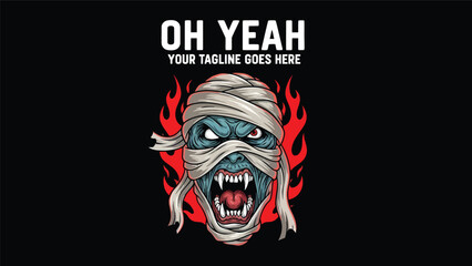 Fiery menacing zombie mascot head with bandages.