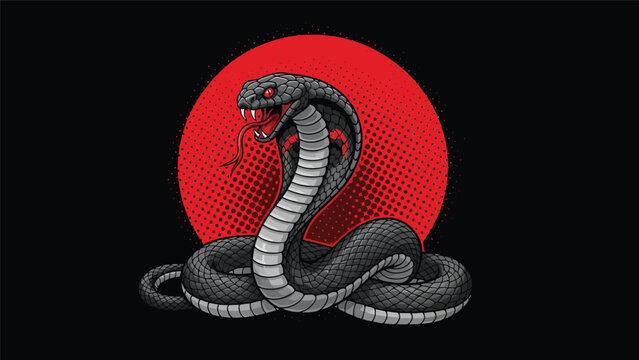 Curled Cobra With Red Sun Backdrop In Focus.