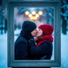 Picture frame kiss romantic winter couple portrait. Valentine&rsquo;s Day, memories, love and nostalgia