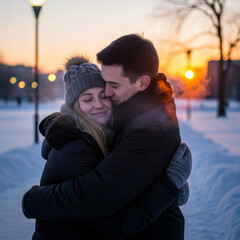 Loving arms around each other warm winter embrace. Valentine&rsquo;s Day, togetherness, security and love