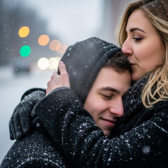 Kiss on the forehead with a hug emotional winter love scene. Valentine&rsquo;s Day, care, trust and intimacy
