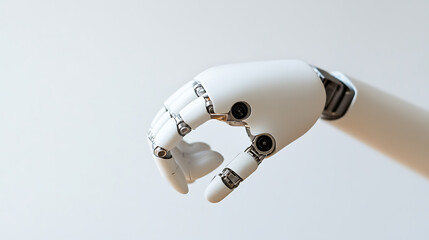 Close-up of a white, robotic hand with visible joints and a sleek, modern design against a clean, neutral background, symbolizing advanced technology and artificial intelligence.