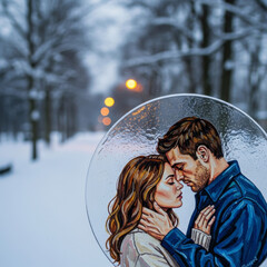 Painting on glass depicting a couple romantic art concept. Valentine&rsquo;s Day, love illustration and creativity
