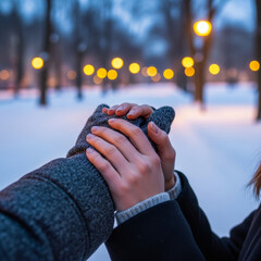 Romantic hand caress close-up winter love detail. Valentine&rsquo;s Day, tenderness, connection and intimacy