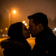 Silhouette of first kiss romantic winter night scene. Valentine&rsquo;s Day, young love, passion and emotional connection