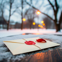Sealed love letter romantic message on winter street. Valentine&rsquo;s Day, confession of love, romance and heartfelt emotions