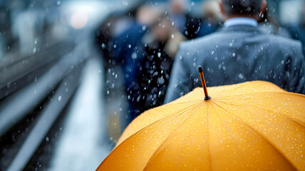 Rainy day in the city with pedestrians walking with an umbrella. The bright yellow umbrella stands out against the dreary weather.