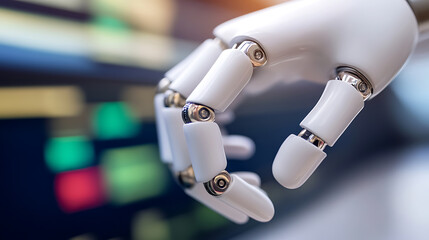 Close-up of a white robot hand with blurred background. Artificial intelligence and technology concept for modern solutions. Innovation in automated machinery.