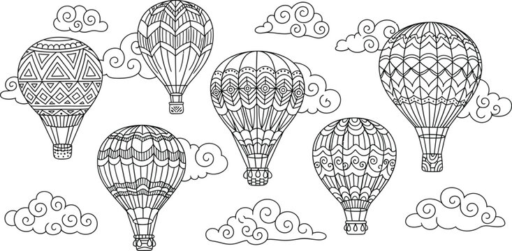 Intricate hot air balloon coloring page, detailed zentangle air balloons with clouds, 6 decorative flying transport icons in EPS format