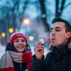 Couple blowing bubbles playful winter romance outdoors. Valentine&rsquo;s Day, joy, fun and carefree love