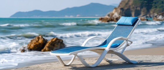 Relaxing lounge chair on a sunlit beach with gentle waves lapping at the shore during a serene afternoon
