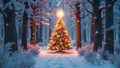 Christmas tree adorned with colorful lights in snowy forest. Concept of winter festivities, celebration, and holiday spirit. Ideal for articles on seasonal traditions and winter-themed events.