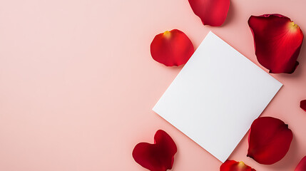 Blank card surrounded by red rose petals against a soft pink backdrop, creating an elegant and romantic atmosphere for heartfelt messages or invitations. Ideal for Valentine's Day