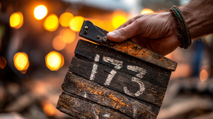 Hand holding a rustic film slate against a blurred background of warm lights, evoking cinematic artistry and creative process.