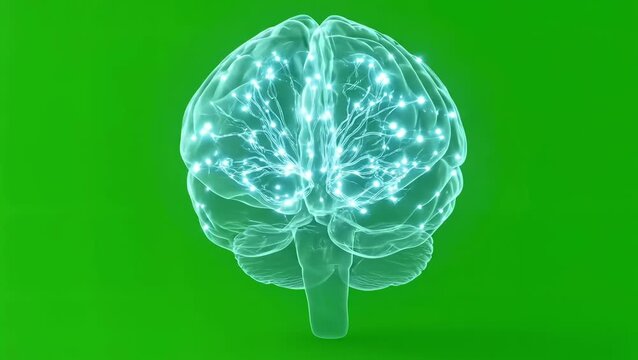 Rotating Digital Human Brain Animation with Glowing Neural Connections on Green Screen Background, Artificial Intelligence and Medical Anatomy Concept for Science and Futuristic Technology Project