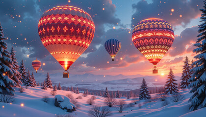 Colorful hot air balloons flying over snowy landscape during sunset. Scene evokes peaceful winter adventure and exploration. Ideal for travel articles or holiday-themed content.
