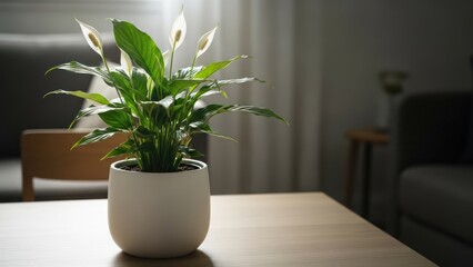 Fototapeta premium A potted, flowering plant sits on a wooden table, in front of a blurred living room scene