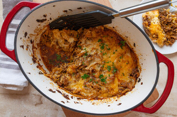 Homemade cabbage, ground beef casserole with montain cheese 