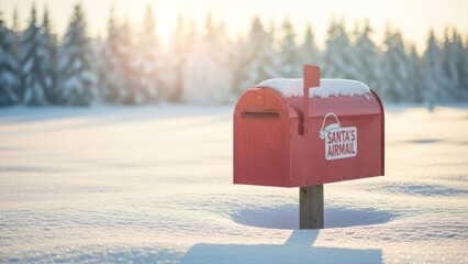 A red mailbox labeled "Santa's Airmail" sits in a snow-covered field with a sunlit backdrop