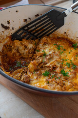 Homemade cabbage, ground beef casserole with montain cheese 