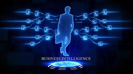 Business intelligence concept with a connected businessman silhouette and data network image photo - Powered by Adobe
