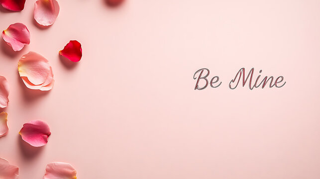 Delicate rose petals cascade across a pastel pink canvas, beside the words "Be Mine," evoking romance. The soft hues and floral arrangement inspire love and affection. - Powered by Adobe
